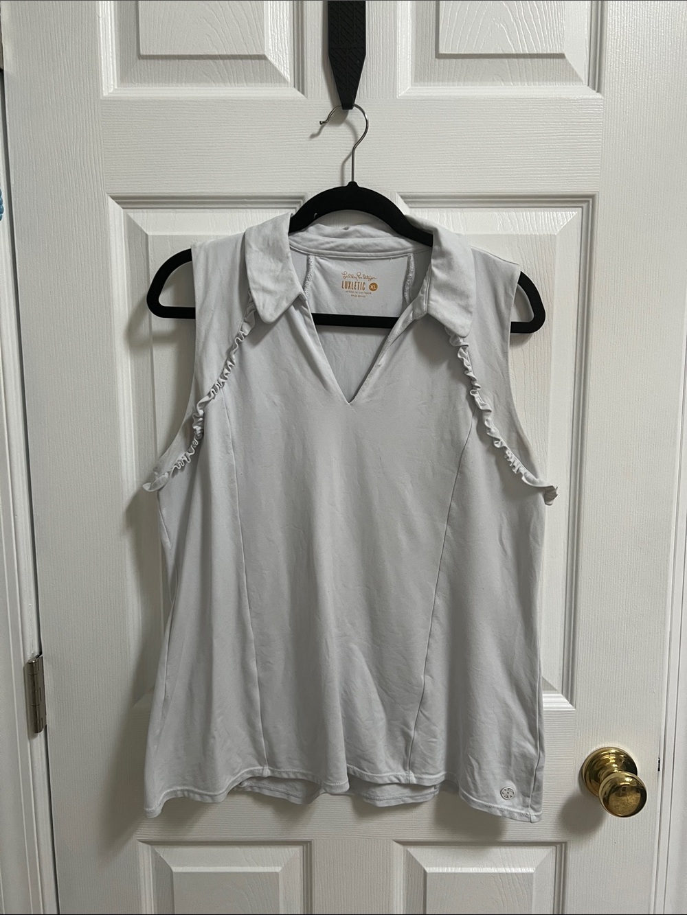 Lilly Pulitzer White Sleeveless Collared Athletic Top with Ruffle Trim